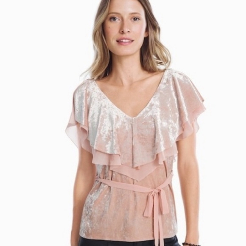 White House Black Market Pale Pink Velvet & Chiffon Ruffle V-Neck Shirt